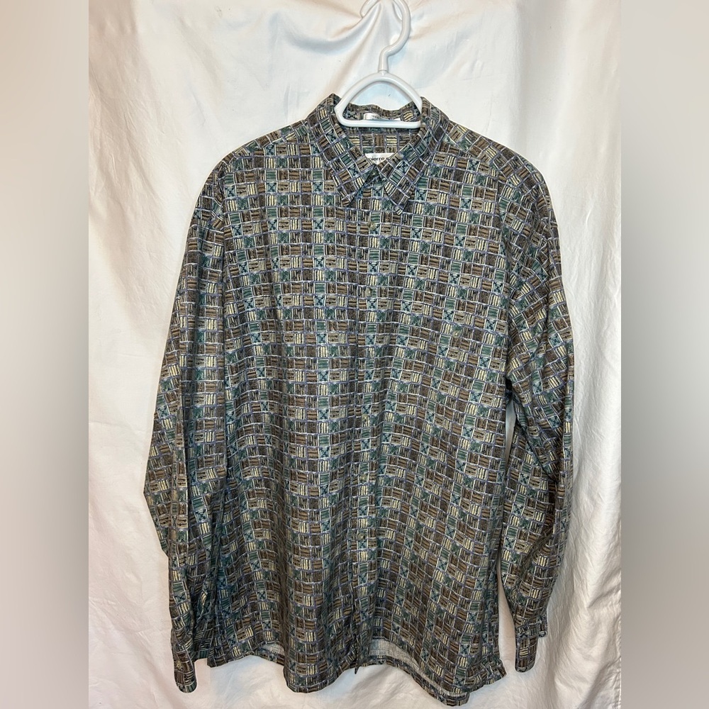Vintage Pierre Cardin Shirt Mens L 90s Funky Geometric Earth Tone Pastel Green